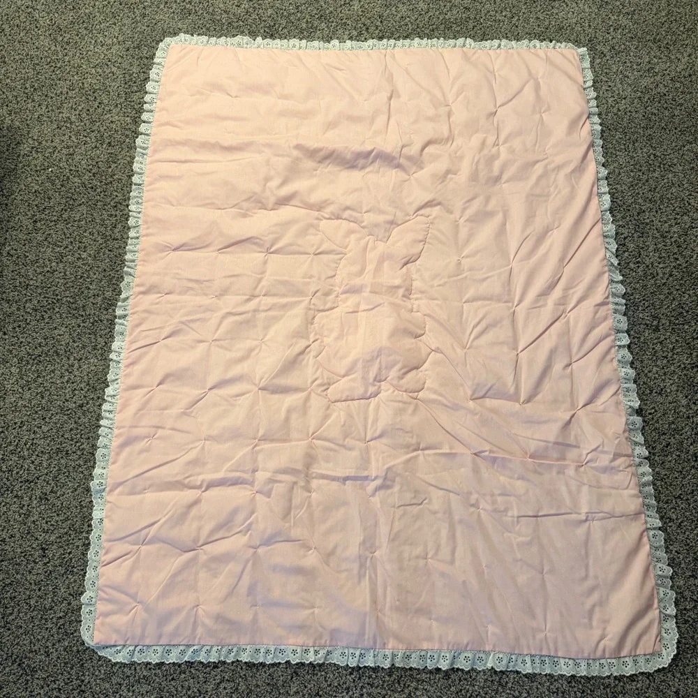 Vintage Pink‎ Gingham Bunny Rabbit Baby Quilt Eyelet Lace Trim Hand Tied Blanket